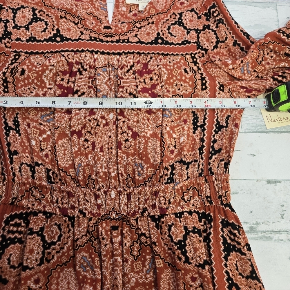 Nurture Paisley Midi Dress Medium Boho Rust Terracotta Elastic Waist V Hem - Picture 5 of 10